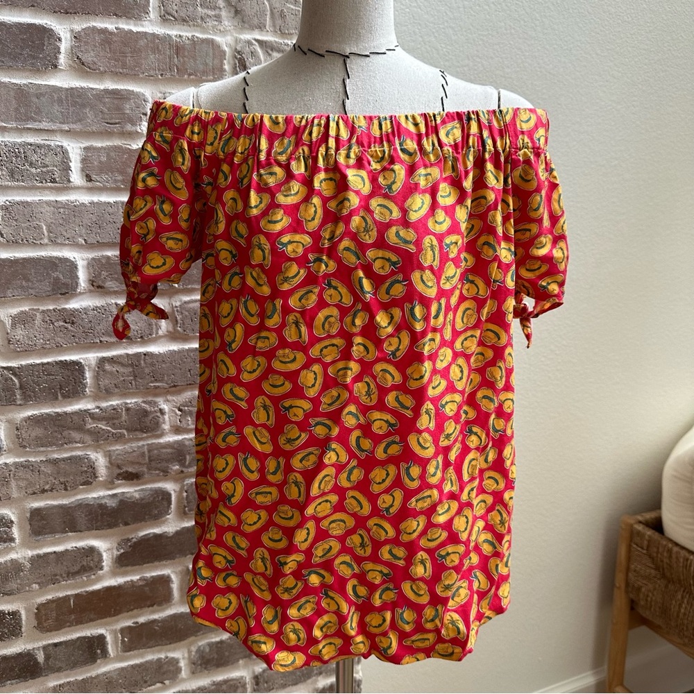 WRANGLER Retro Blouse Women's SMALL Cowboy Hat Print Off Shoulder Western Rodeo